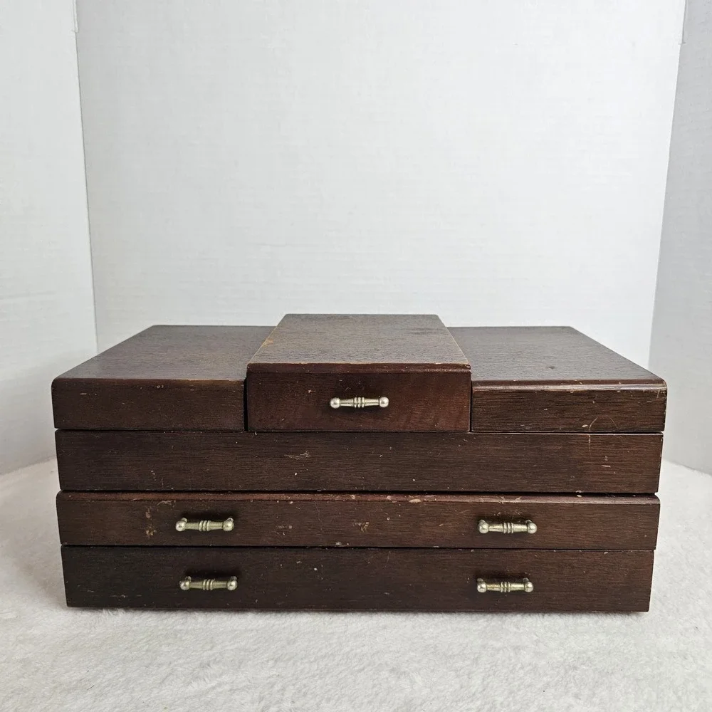 VTG Mid Century Modern Wood Jewelry Box 2 Drawer Blue Velvet Lined MCM Mirror